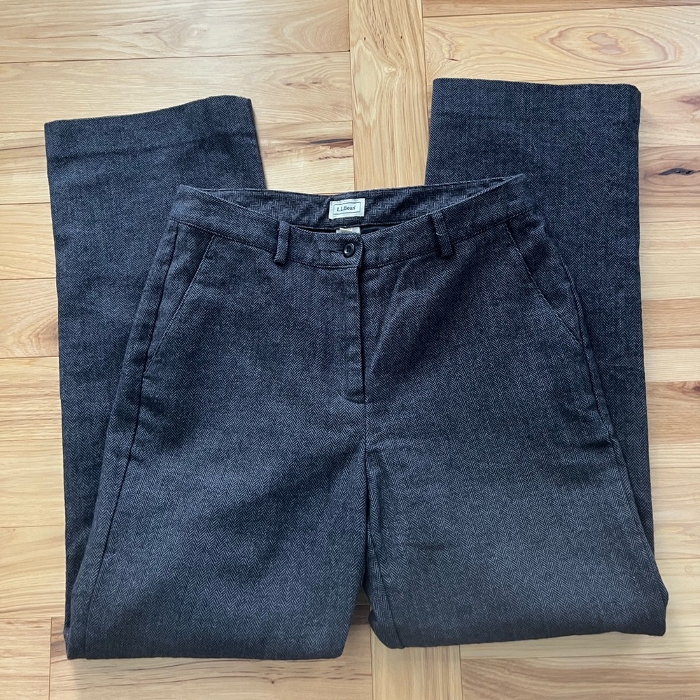 L.L. Bean Black Gray herringbone lined pants trousers‎ straight leg sz 8 clasic
